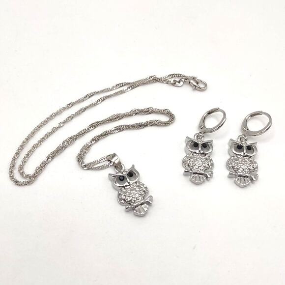 925 Silver Owl Necklace & Earring Set W/ CZ Diamonds Anniversary Birthday Gift - Picture 4 of 8